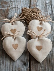 Four linen pouches with hearts on a wooden table, showcasing eco-friendly wedding favors.