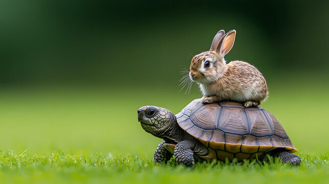 A small rabbit rides on the back of a tortoise in a field of green grass. Slow and steady wins the race.