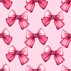 Seamless pattern with beautiful red bows, flirty bows on a pink background. Beautiful fashionable pattern.Watercolor illustration.For design of wrapping paper, wallpaper, fabrics,holiday decorations.