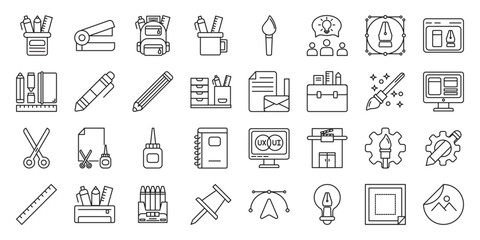 school supplies set of web icons in line style. stationery, pen, pencil, eraser, ruler, notebook and marker. Vector illustration