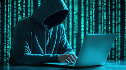 hooded figure working on laptop with digital code background, evoking sense of mystery and intrigue