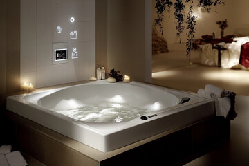 Modern bathroom featuring a luxurious spa tub with adjustable water temperature and ambient lighting