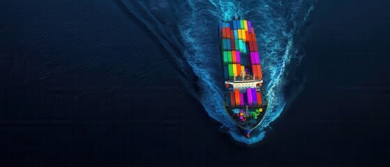 Cargo ship navigating through deep blue water, transporting colorful containers, illustrating global trade and logistics on sea, shipping industry maritime transport.