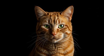 Intense Portrait of an Orange Tabby Cat with Striking Green Eyes on Black Backdrop