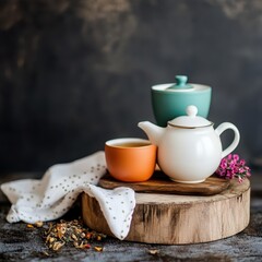 Fototapeta premium White ceramic teapot with colorful cups on rustic wood slice, loose tea leaves and flowers, dark background, cozy tea setting, warm tones