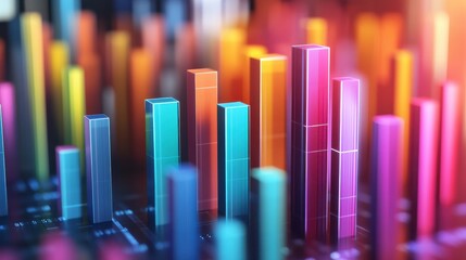 Obraz premium The image features colorful bar graphs depicting data visualization, showcasing various heights and trends in a visually appealing design.