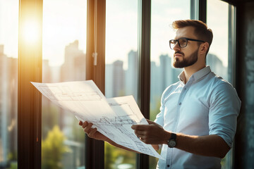 A skilled architect standing with a rolled-up blueprint, ready to bring a vision to life with copy space. Soft natural lighting. Active construction site background.