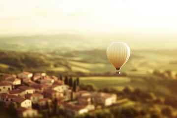 Naklejka premium A tiny hot air balloon gracefully floating above a detailed miniature landscape, capturing the spirit of adventure with copy space. Soft warm lighting. Picturesque rural background.