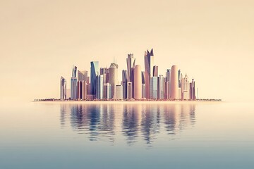 Reflective Cityscape A Modern Metropolis Emerges from Calm Waters at Dawn