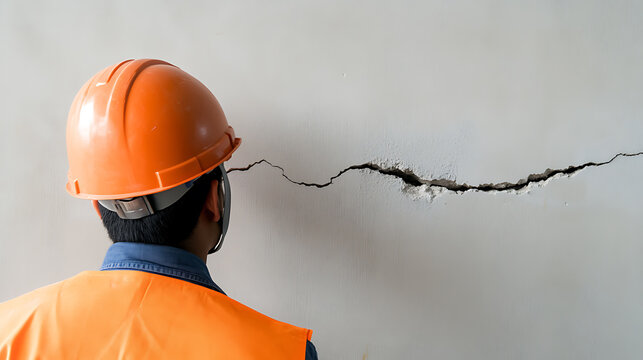 Construction worker inspecting a large crack in the wall, wearing a hard hat and vest. Safety measures must be taken to ensure the building's stability.