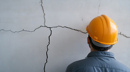 A construction worker wearing a hard hat inspects cracks in a wall. The cracks suggest structural damage requiring careful evaluation and repair.