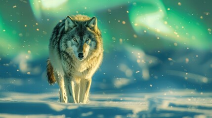 A powerful wolf strides through the snowy Arctic, its piercing gaze framed by the ethereal glow of the Northern Lights. Snowflakes drift through the air,