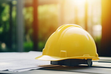 Yellow safety helmet resting on top of a detailed construction blueprint with copy space. 
