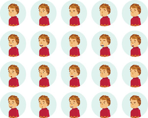 Vector young adult man avatars and emoticons set in flat style, side view.