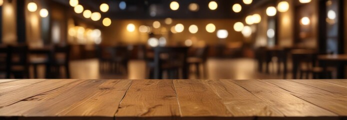 Empty wooden table top on blur light gold bokeh cafe restaurant dark background ,  cafe,  background blur