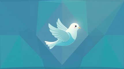 Fototapeta premium Charming cartoon dove of peace flying against a geometric blue background