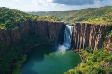 Waterfall cascading into lake surrounded by lush green hills and scenic nature, breathtaking landscape, travel destination, outdoor adventure, relaxation spot.