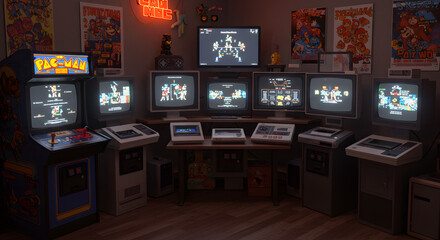 Retro Gaming Room with Arcade Machines and Vintage Computer Monitors Displaying Games