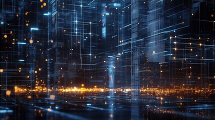 Fototapeta premium Industrial Complex at Night with Digital Network Overlay.