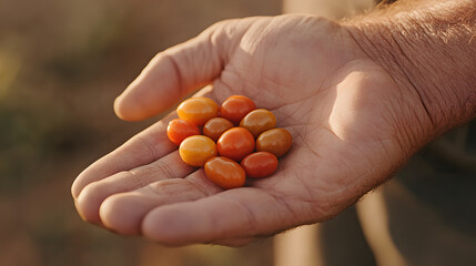Hand holding vibrant cherry tomatoes. Freshly picked produce. Colors ranging from light yellow to deep orange. A symbol of harvest and garden's bounty.