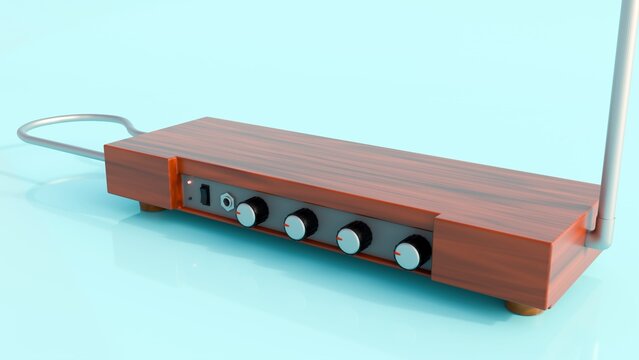 a 3D rendering of a theremin in natural wood, a unique electronic musical instrument played without physical contact.