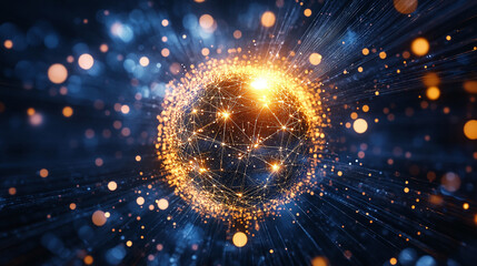Glowing Orb Network: A vibrant sphere of interconnected light points and lines radiating energy, representing connection, technology, or advanced networks.