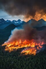 Wildfire smoke rising over mountainous landscape during sunset, forest fire destruction, environmental disaster, nature conservation, climate change awareness.