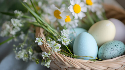 Easter family decoration inspiration in a cozy home setting with colorful eggs and fresh flowers