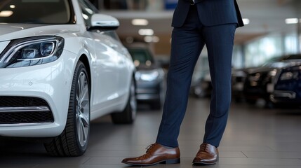 A well-dressed man in a tailored suit stands next to a sleek white luxury car in a contemporary car showroom. The setting is bright and spacious, showcasing various vehicles
