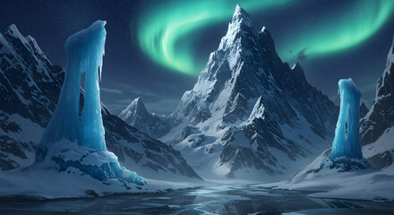 Snowy Mountains and Aurora Borealis with Ice Formations at Night