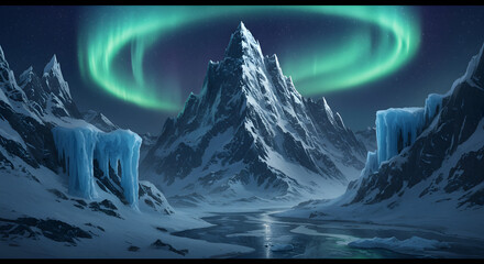 Majestic Snow-Capped Mountains Under the Northern Lights with Frozen River