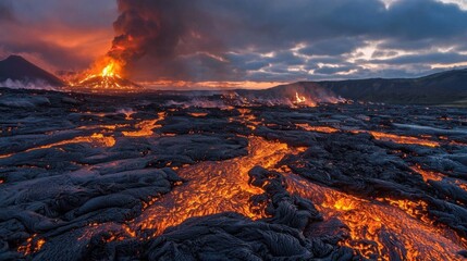 Fototapeta premium Lava cascades down the slopes of an erupting volcano at dusk, filling the air with ash and smoke. The glowing orange lava contrasts against the darkening sky, creating a breathtaking spectacle