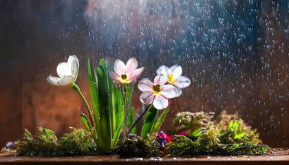 Spring rain motif with delicate drops, soft green foliage, and vibrant wildflowers emerging from the earth.