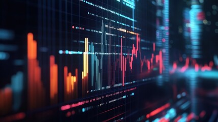 Colorful 3D bar charts on digital screen showing financial data at night.