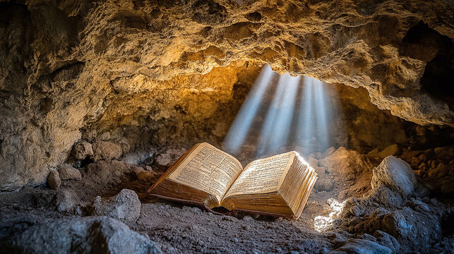 Illuminated Book: A ray of sunlight highlights an open book in a dimly lit cave, creating a sense of mystery and knowledge hidden in darkness.