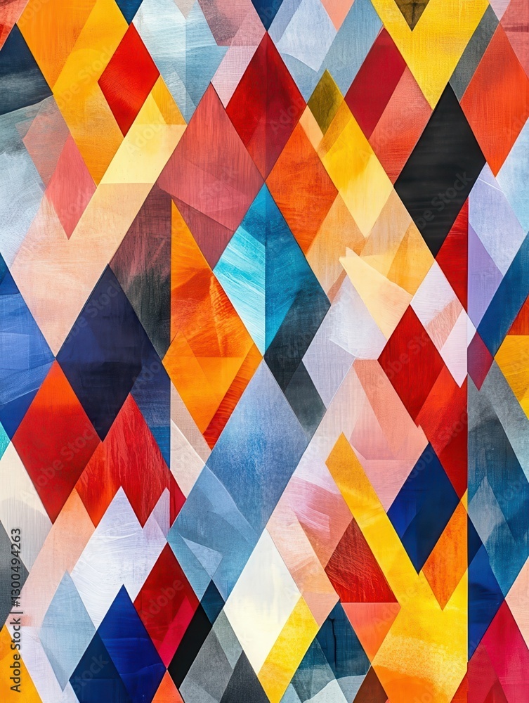 Poster vibrant abstract pattern composed of overlapping diamond shapes in various shades of red, orange, ye
