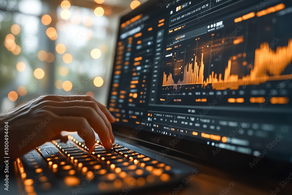 Poster fingers move swiftly across a keyboard while analyzing intricate financial data on a sleek computer 