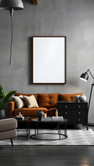Interior design of loft industrial apartment with mock up poster frame, brown sofa, coffee table and black commode and personal accessories. Concrete gray wall. Home decor. Template, dreamy atmosphe