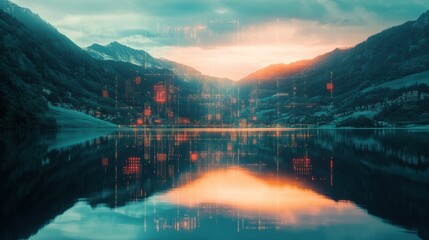 Ethereal double exposure of quantum computing symbols overlaid on the tranquil reflection of a picturesque lake at dusk. The futuristic digital elements merge seamlessly with the natural landscape