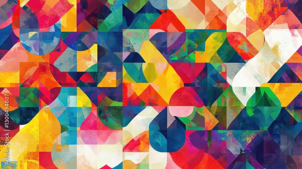 Poster a vibrant geometric pattern with intersecting colorful shapes creating an abstract mosaic.