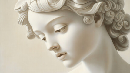 Fototapeta premium A classical bust of a young woman, delicate curls framing the face, smooth polished marble surface