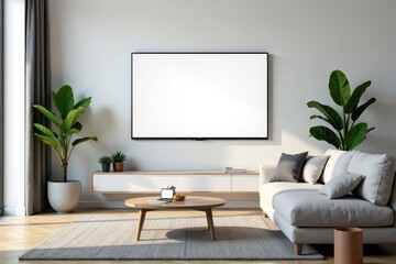 Modern sofa with smartphone on blank screen in minimalist living room, smartphone, lifestyle