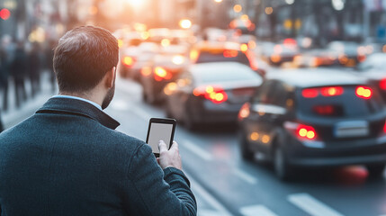 Commuter using mobile device in traffic. Busy urban scene, focus on man holding phone. Evening commute.  Modern city life. Technology integration.