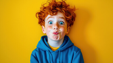 A playful and colorful portrait of a young freckled boy with messy red hair, wearing a bright blue hoodie, making a funny face against a yellow background