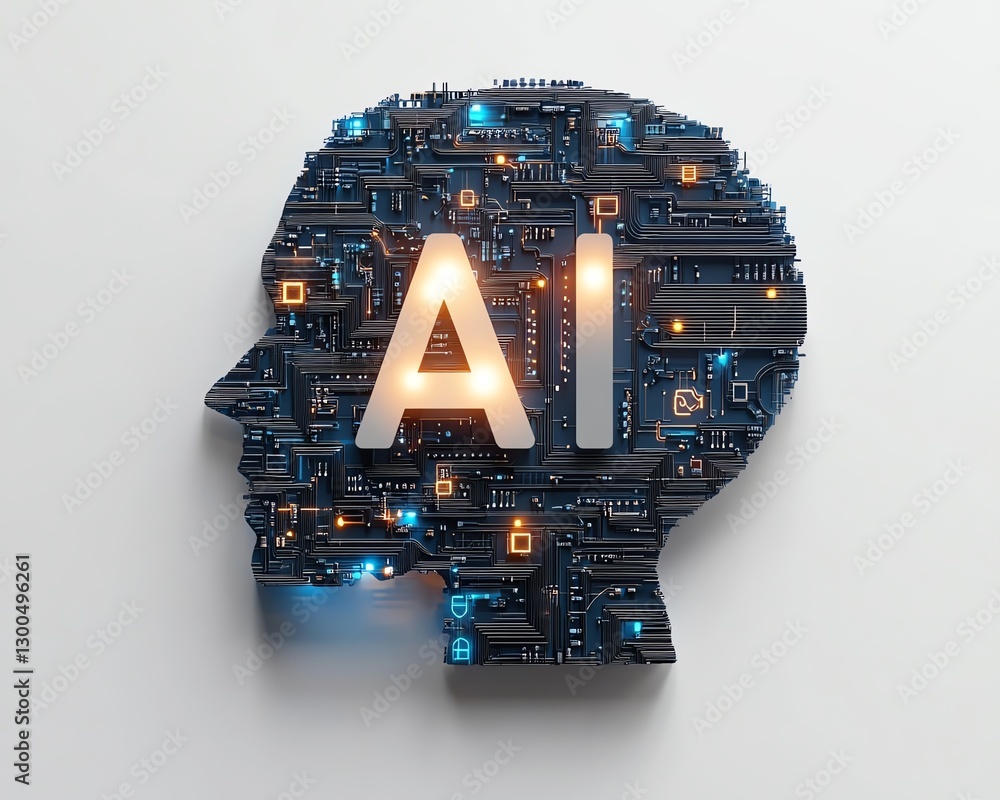 Poster abstract aithemed design featuring circuitpatterned ai text with technology icons, clean isolated la