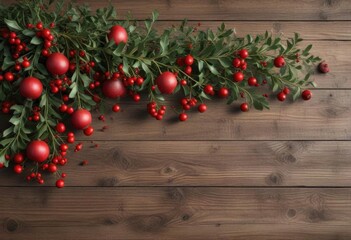 Ornate red script with mistletoe and pomegranates on rustic wooden plank ,  mistletoe,  Christmas theme,  elegant