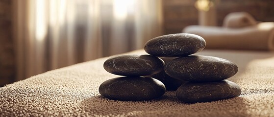A stack of hot stones rests on a spa treatment bed