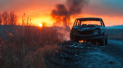Fototapeta premium A burnt-out car sits abandoned on the roadside as the sun sets, casting a warm glow over the landscape while smoke rises from behind the vehicle, creating a dramatic atmosphere