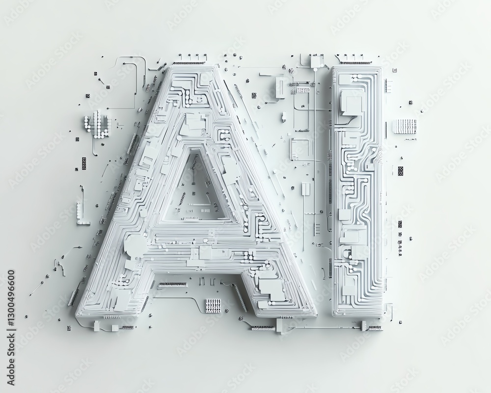 Poster 3d rendering of aithemed abstract design with circuitpatterned ai text, technology icons, futuristic