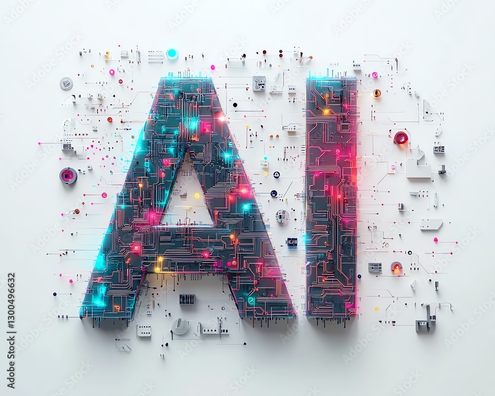 Poster 3d rendering of aithemed abstract design with circuitpatterned ai text, technology icons, futuristic